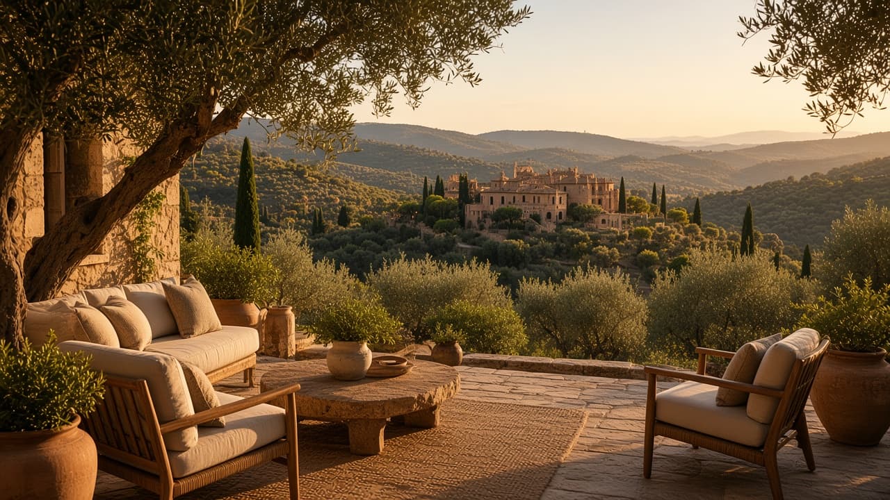 Stone terrace overlooking a sunlit landscape