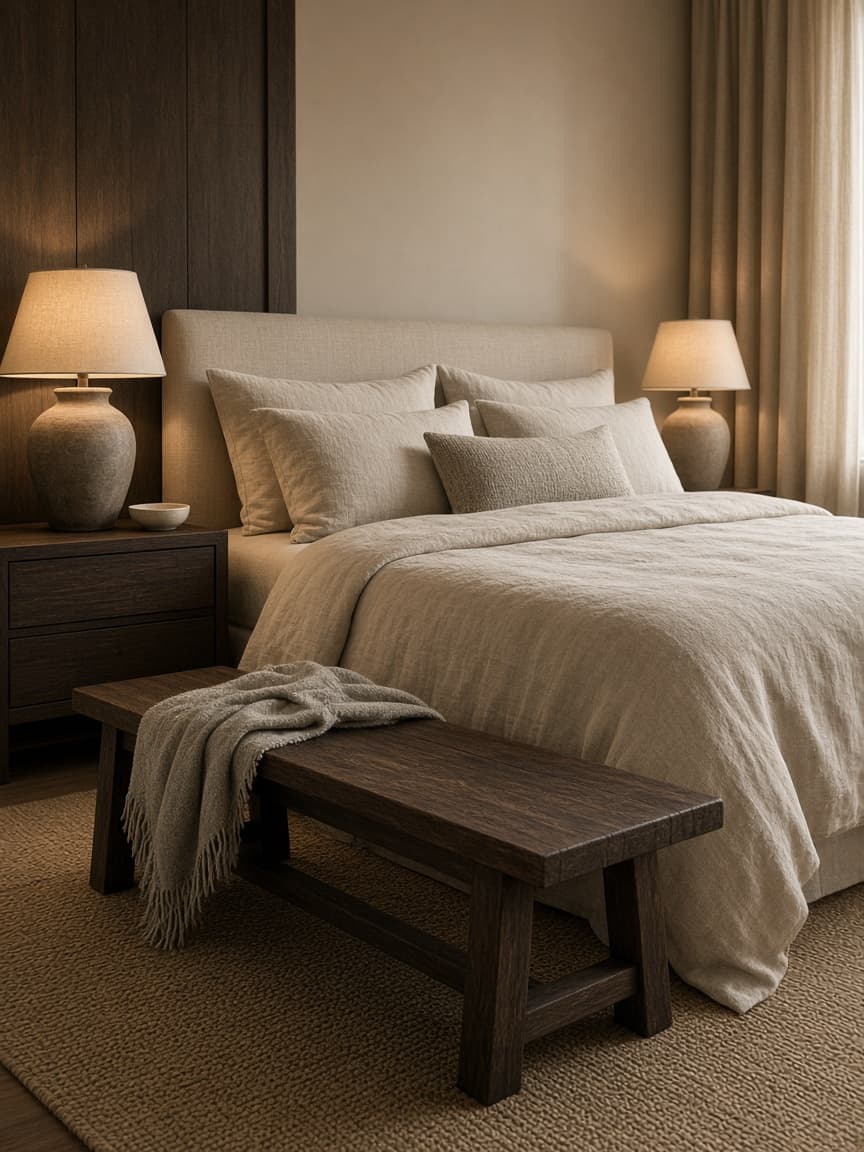Bedroom with neutral linens and wood accents