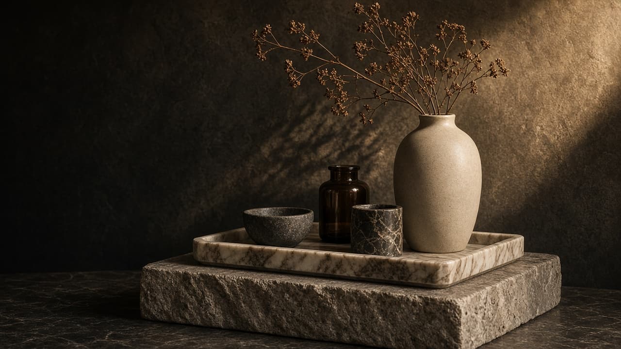 Tray and objects styled on a stone plinth