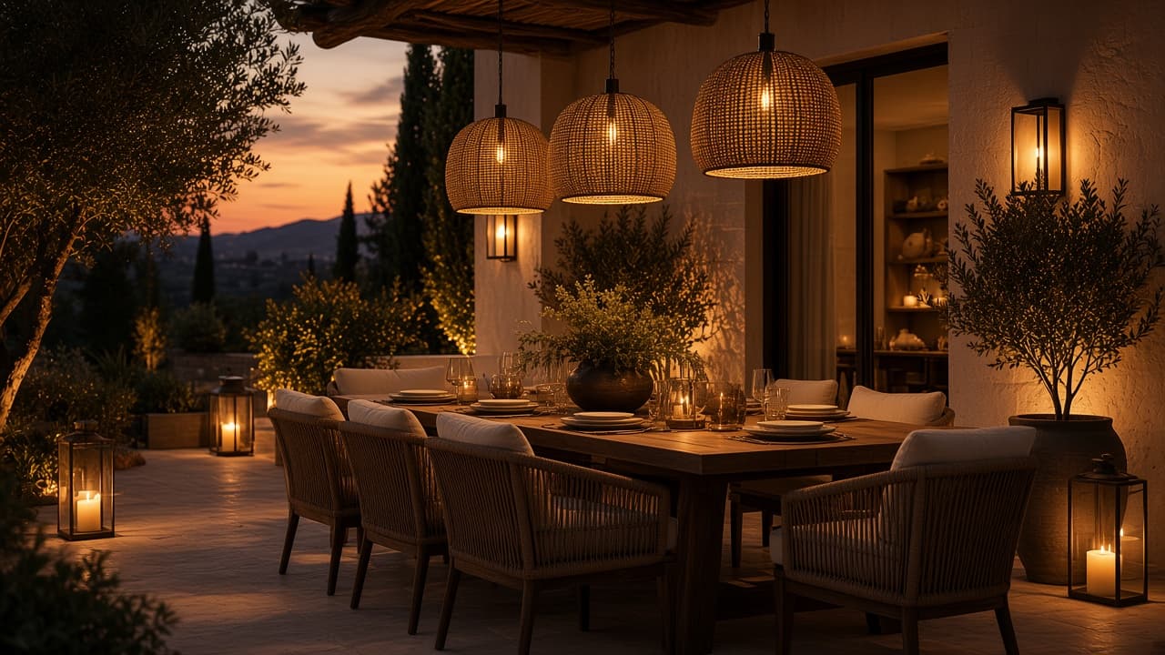 Courtyard dining lit at twilight