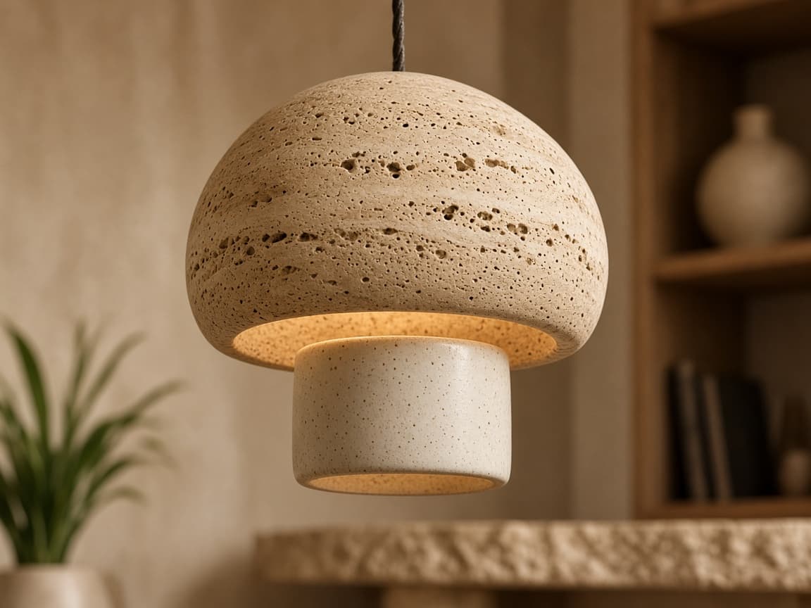 Indoor pendant in travertine and ceramic