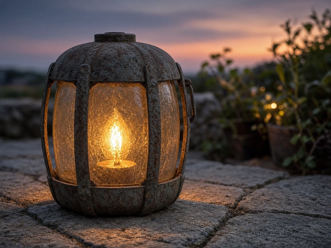 Outdoor lantern on stone patio