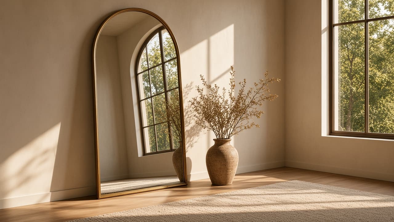 The Siena arched floor mirror in a sunlit room