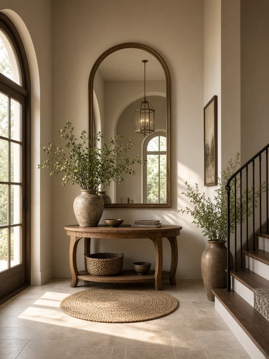 Arched mirror in an entryway