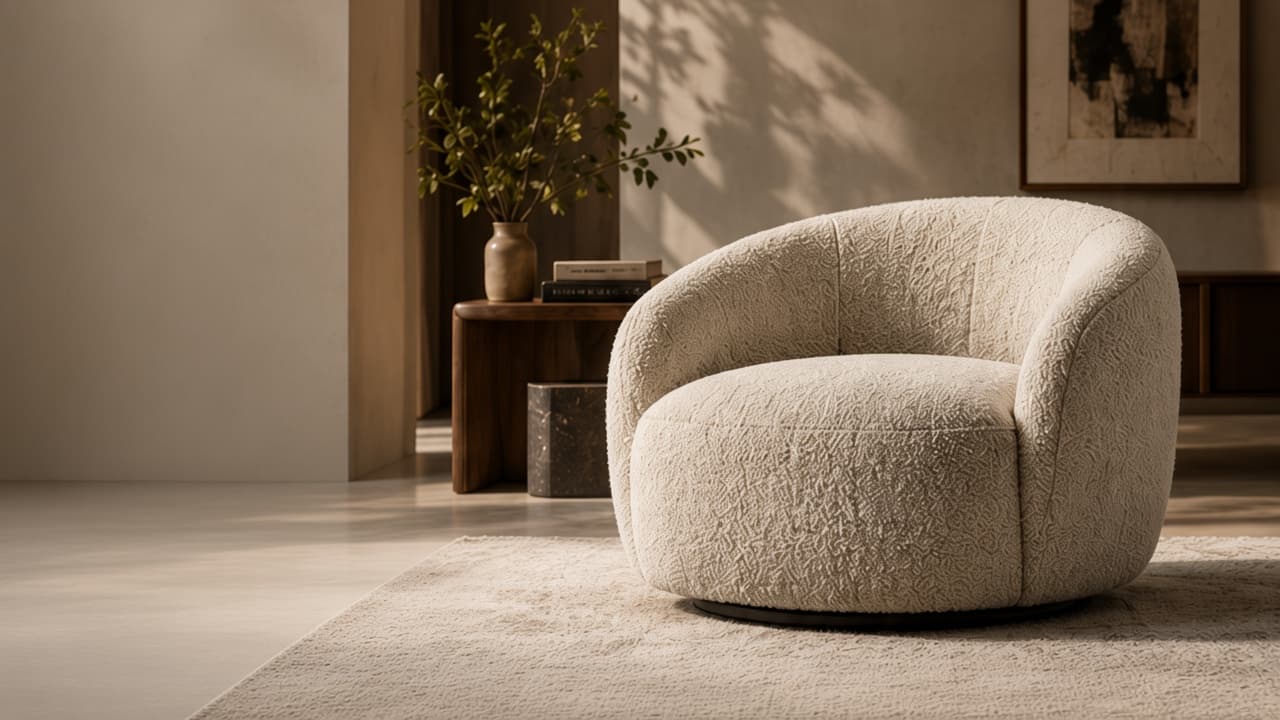 The Marlow Swivel Chair in cream bouclé